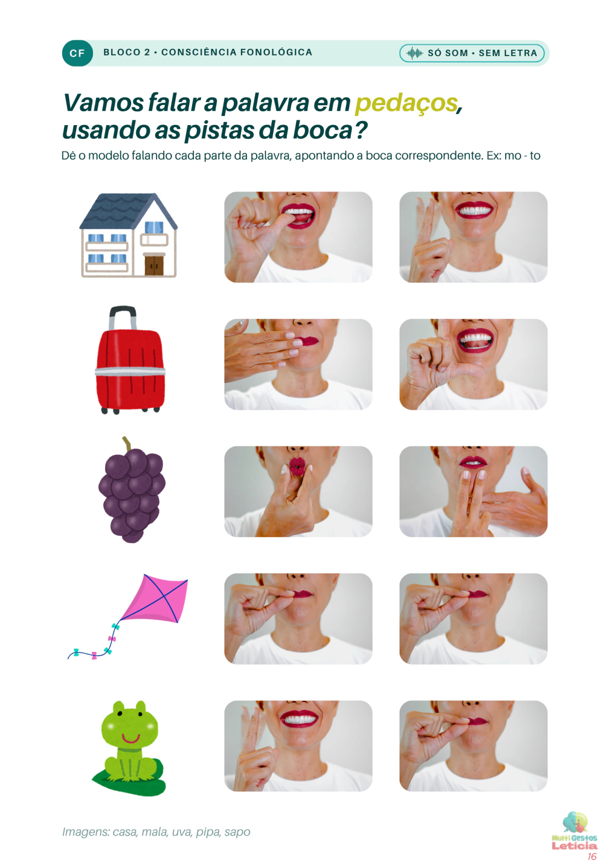Página do Caderno Nível 1 da consciência fonológica: falar a palavra em pedaços usando as pistas da boca, só som e sem letra